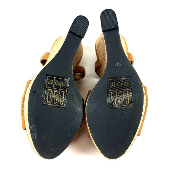 Bebe Brown Suede Open Toe Cork Wedges - Picture 8 of 8